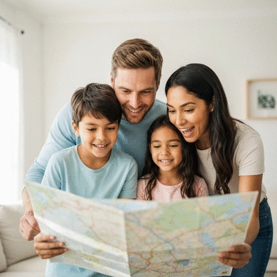 Family with two children looking at a map, planning a trip