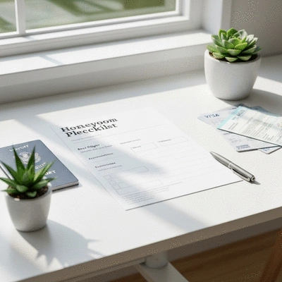 Honeymoon planning checklist on a modern desk