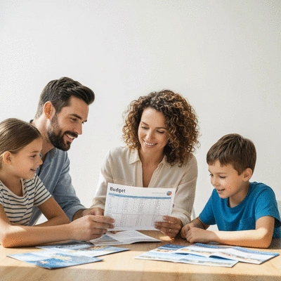 Family sitting at a table with a budget spreadsheet and travel brochures, no text, no words, no typography, 8K