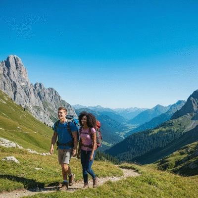 Couple hiking in mountains with backpacks, enjoying a microcation