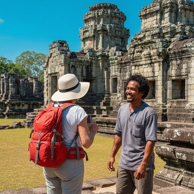Traveler exploring ancient ruins with a local guide, clear blue sky, vibrant colors