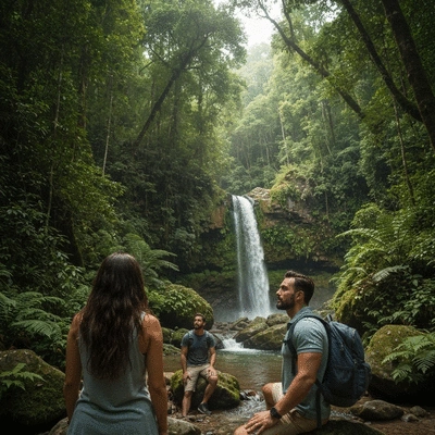 Travelers enjoying a hidden waterfall in a lush forest, serene atmosphere, natural light