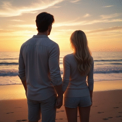 Couple watching sunset on a beach, romantic and peaceful