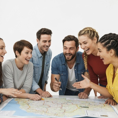 People gathered around a map, planning a road trip, with a sense of community and shared adventure, no text, no words, no typography, 8K