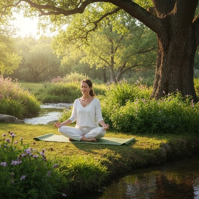 Person meditating in a beautiful outdoor wellness retreat setting, no text, no words, no typography, clean image