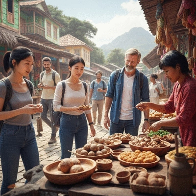 Diverse group of people engaging in an eco-tourism and cultural tour, interacting with local traditions