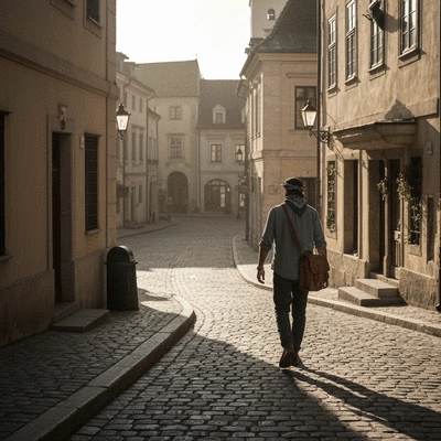 Traveler exploring a quiet, ancient European town square with cobblestone streets and historic buildings, no text, no words, no typography