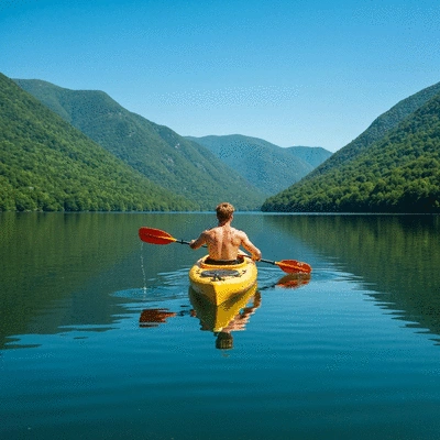 Person kayaking on a calm lake surrounded by mountains