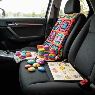 Crafts and games spread out on a car seat for budget-friendly entertainment