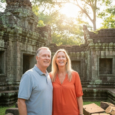 Couple exploring a historical site on their honeymoon