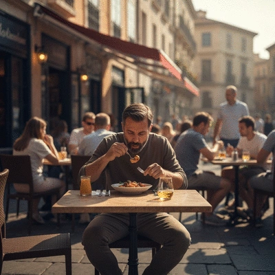 Traveler enjoying local cuisine at an outdoor cafe in a European city