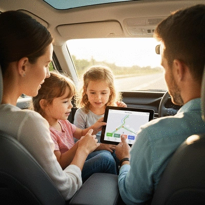 Family using a navigation app on a tablet during a road trip, no text, no words, no typography