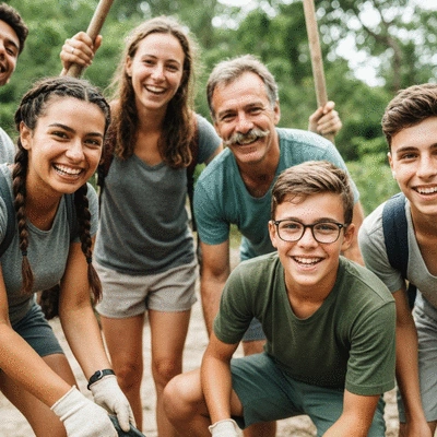 Diverse group of travelers engaged in a conservation effort, planting trees or cleaning a beach