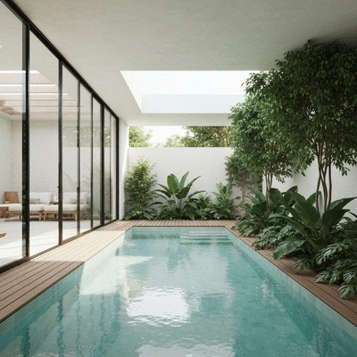 Serene domestic spa retreat with lush greenery and a relaxing pool area, no text, no words, no typography, clean image