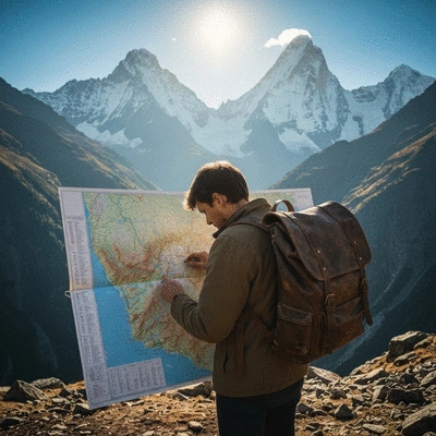 Person looking at a map with mountains in the background, symbolizing adventure travel planning