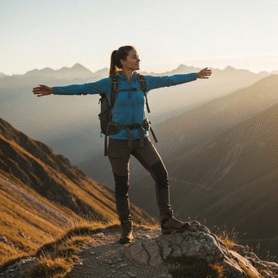 Solo female traveler hiking in mountains, enjoying view