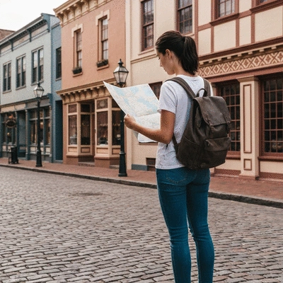 Traveler looking at a map in a quaint, historic US town
