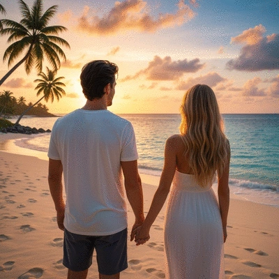 Couple watching sunset on a tropical beach, holding hands