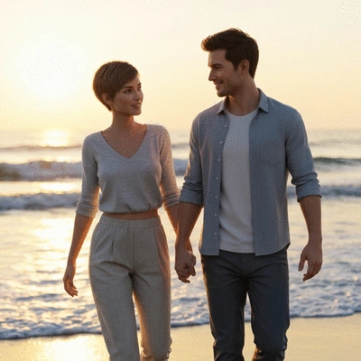 Couple walking hand-in-hand on a beach at sunset