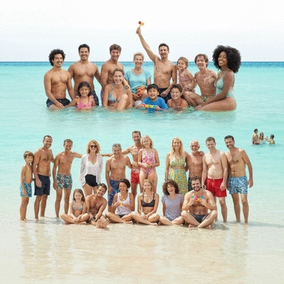 Happy extended family on a group vacation, no text, no words, no typography, clean image