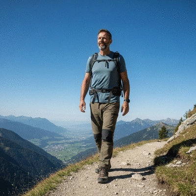 Person hiking on a mountain trail, enjoying the view