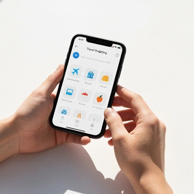 Person using a budgeting app on a smartphone with travel icons