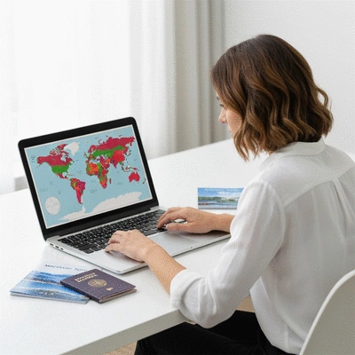 Traveler looking at a world map on a laptop, planning an adventure tour