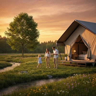 Family enjoying glamping with kids playing outside a luxury tent