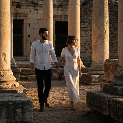 Couple exploring ancient ruins on a cultural honeymoon