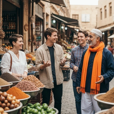 Diverse group of happy travelers exploring a vibrant market with a guide