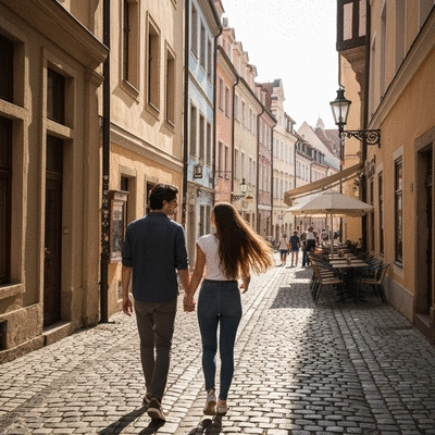 Couple exploring a charming European alleyway with historic buildings and cafes