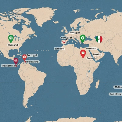 Stylized world map with pins on budget travel destinations