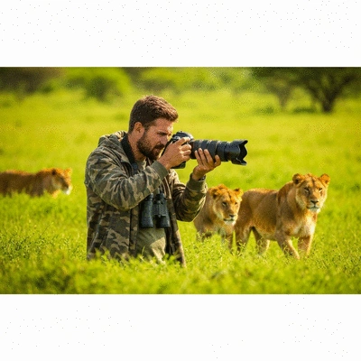 Photographer with camera on a wildlife safari, capturing animals in their natural habitat