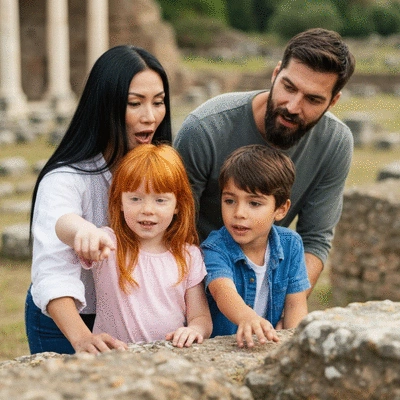 Family exploring ancient ruins in Italy, children looking engaged and curious, representing learning through travel