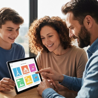 Family using a tablet to select a vacation package, with colorful travel icons