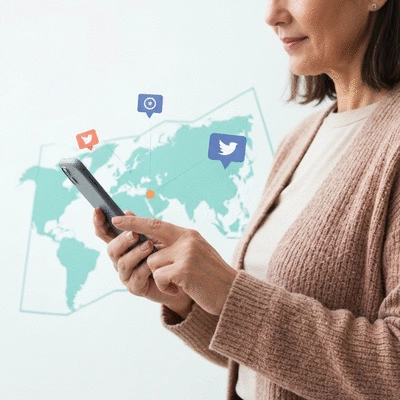Person using a smartphone to connect with a travel community online, with a map and social media icons subtly in the background, representing digital connection and shared experiences. Bright, modern, no text, no words, no typography, 8K.