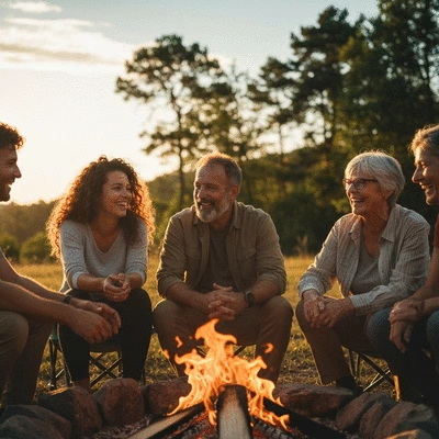 Diverse group of travelers sharing stories around a campfire at sunset