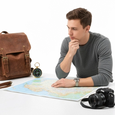 Person reflecting on a map, surrounded by travel symbols