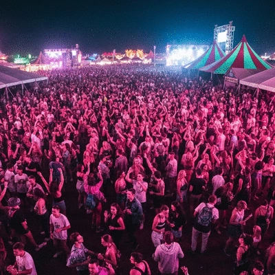 People celebrating at a vibrant music festival, diverse crowd, colorful lights, dynamic atmosphere