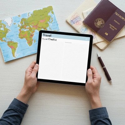 Person using a checklist on a digital tablet at a desk with travel maps