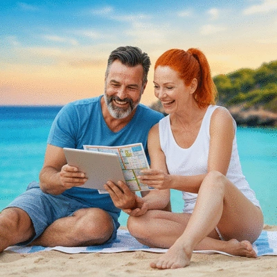 Happy couple reviewing travel itinerary on a tablet, vibrant destination in background