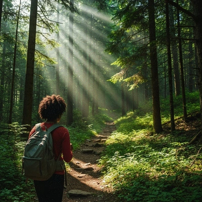 Person hiking in a lush green forest, clean image, no text, no words