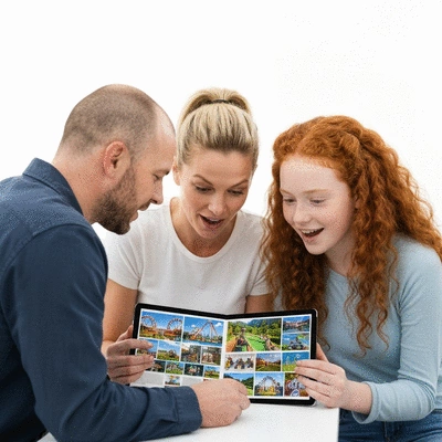 Family looking at a travel brochure or tablet with theme park information, planning a trip, no text, no words, no typography, no labels, clean image