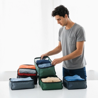 Person organizing travel clothes into packing cubes for an adventure tour, bright and clean background, no text, no words, no typography, clean image