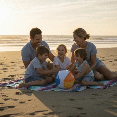 Family enjoying a sunset picnic on a beach