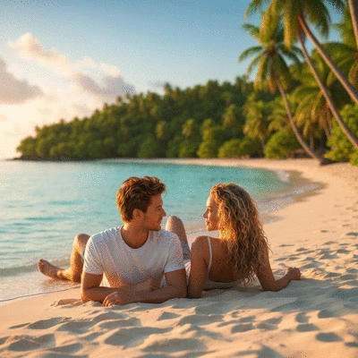 Couple relaxing on a tropical beach at sunset