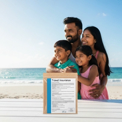 Family with travel insurance documents on beach vacation