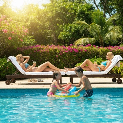 Family enjoying a resort pool with kids playing