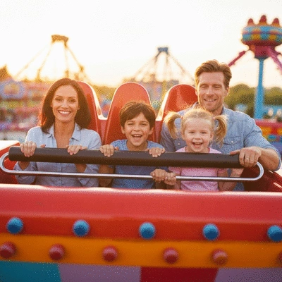Happy family with two children enjoying a theme park ride, bright and vibrant colors, no text, no words, no typography, no labels, clean image