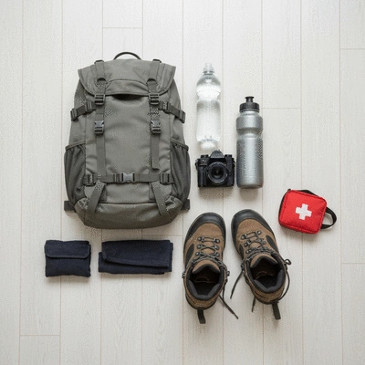 Adventure travel gear laid out, including backpack, hiking boots, and camera